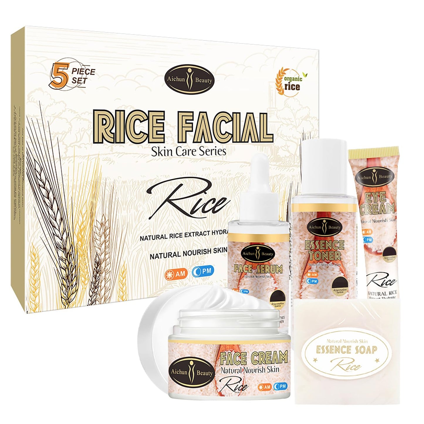 Organic Rice Facial Skin Care Set - Hydrating Essence, Soap, Toner, Serum & Eye Cream | 5-Piece Gift Box (100g, 100ml, 40ml, 50ml, 25ml)