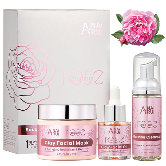 Hydrating Rose Skincare Gift Set - Purifying Facial Kit with Squalane, Clay Mask & Oil | Perfect Holiday Gift for Women