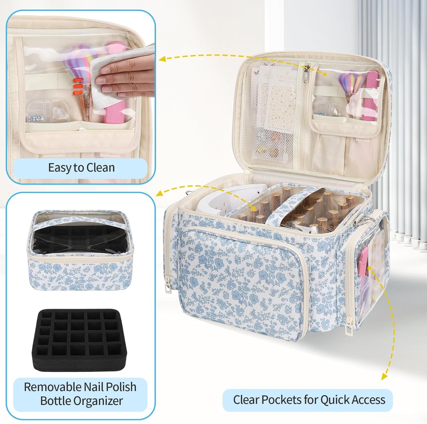 Nail Polish Organizer - Portable Storage for 42+ Bottles & Lamp | Travel Nail Kit Case - Blue Flower Design