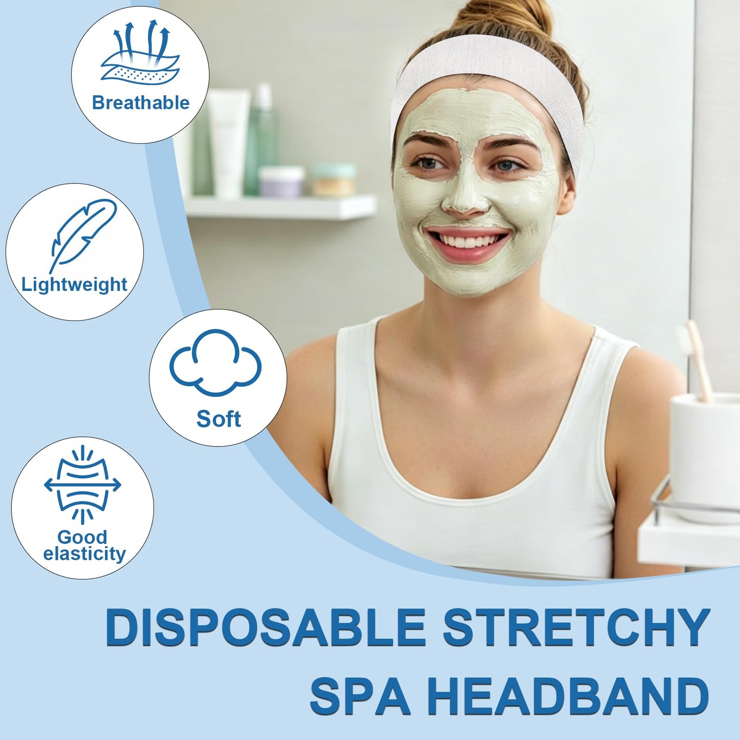 FRASTORDER 160 Count Disposable Spa Headbands for Women - Individually Wrapped Facial Headbands for Skincare, Makeup & Estheticians - Stretch Non-Woven Hair Bands for Salon & Home (White)