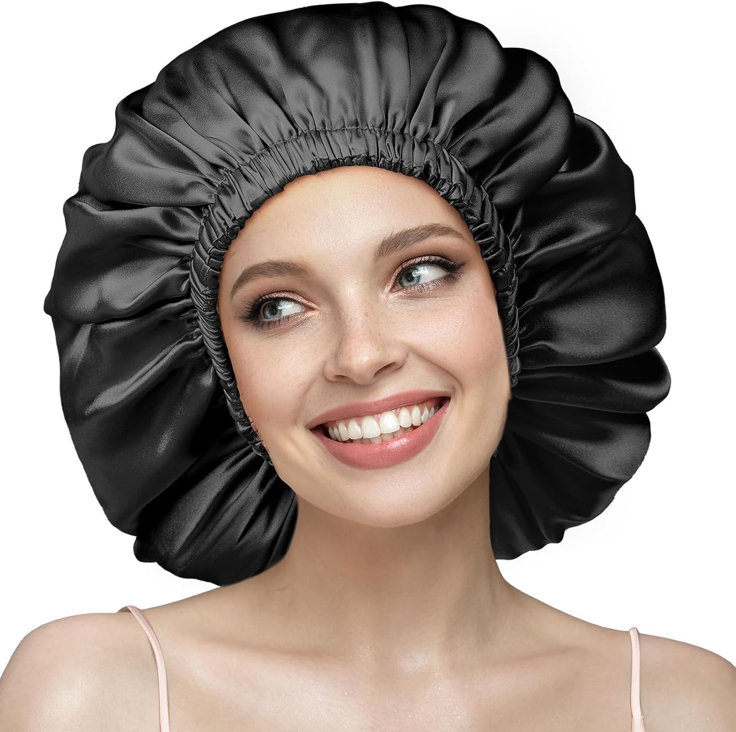 Double Layered 100% Silk Bonnet for Women - 22 Momme Mulberry Silk Sleep Cap | Adjustable Elastic, Reduces Frizz (Black, XL)