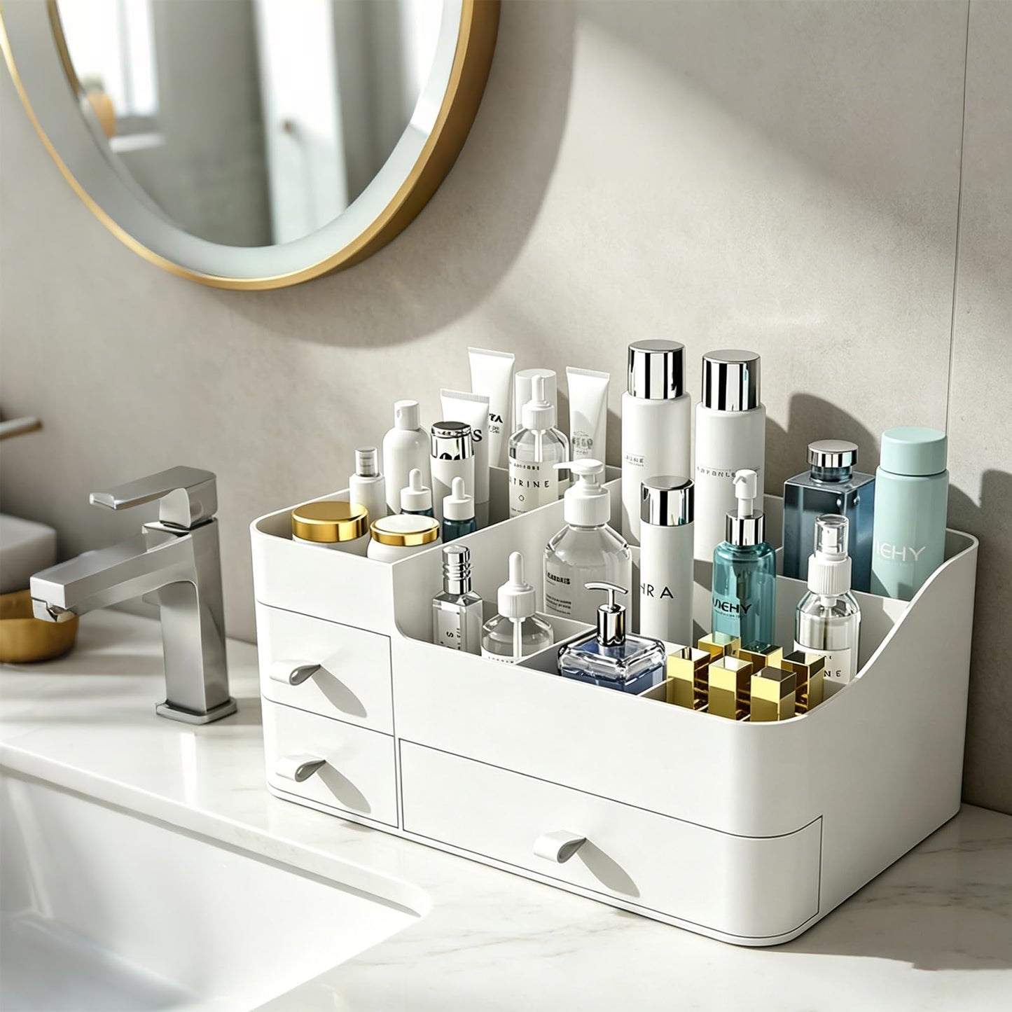MIUOPUR Makeup Organizer with Drawers, Bathroom Counter Organizer, Plastic Cosmetic Display Case, Large Skincare Storage for Vanity Countertop, Ideal for Bedroom Dresser top and Desktop