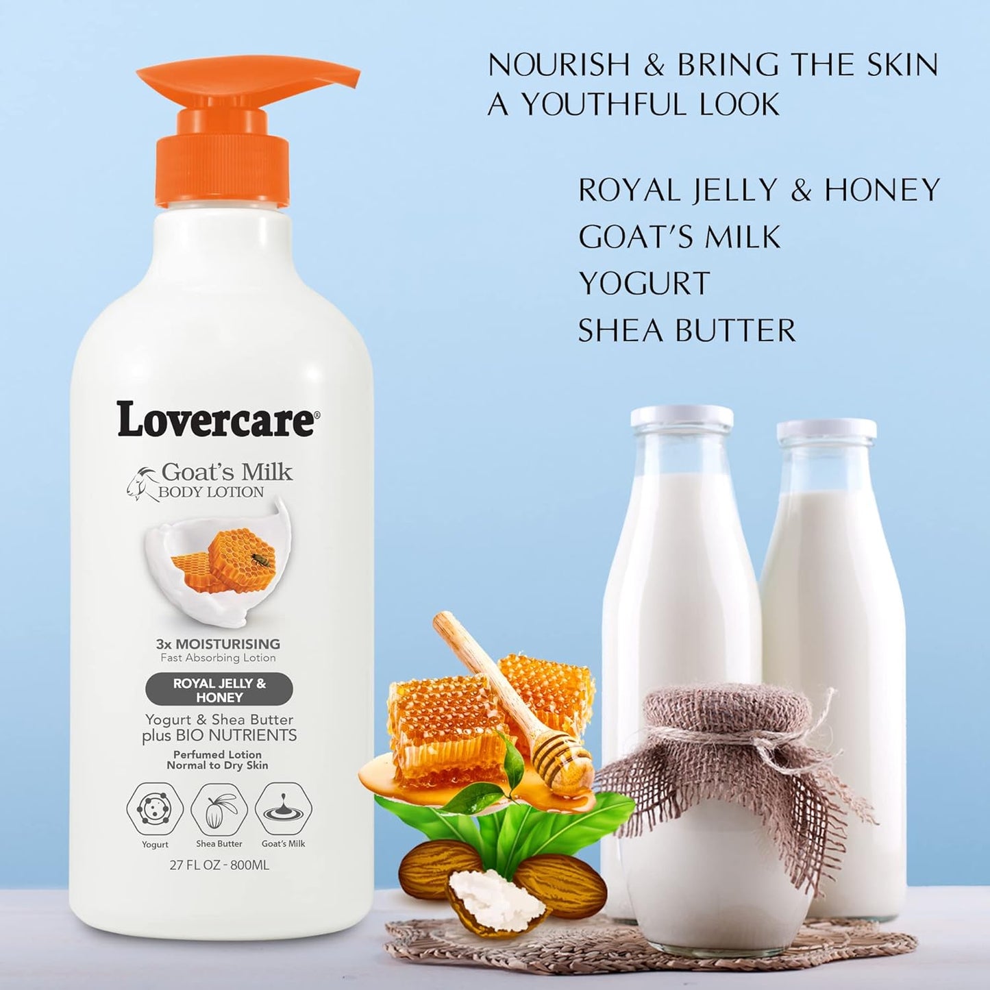 Goat Milk Body Lotion for Dry Skin - Nourishing Royal Jelly & Honey | 27.05oz (800ml)