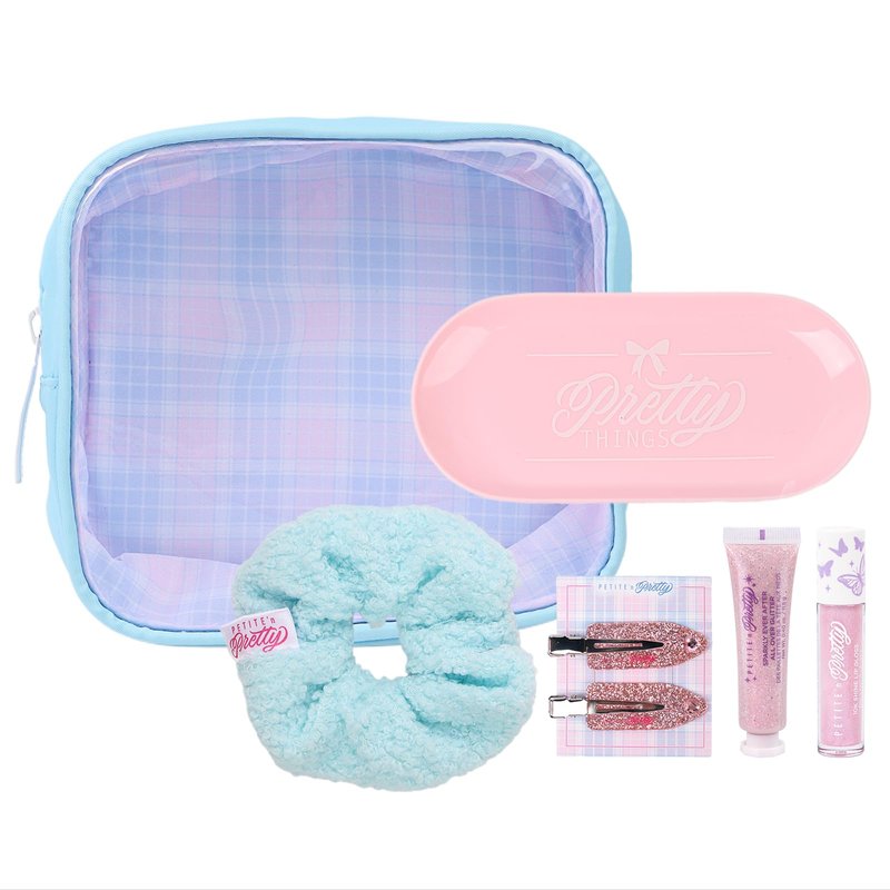 Petite N Pretty All in One Makeup Set for Kids, Tweens and Teens – Pink Mesh Bag with Lip Gloss Keychain, Hair Ties, Nail Decals, Headband, Heart Mirror, Nail File, Comb – Perfect Travel Kit & Gift