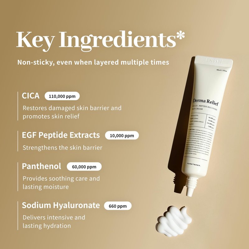 FORETDERM Peptide Derma Relief Cream – EGF, CICA & Panthenol Barrier Support Face Moisturizer, Korean Skincare for Sensitive Skin, Soothing & Calming Irritated Skin, Unscented, 1.35 Fl Oz