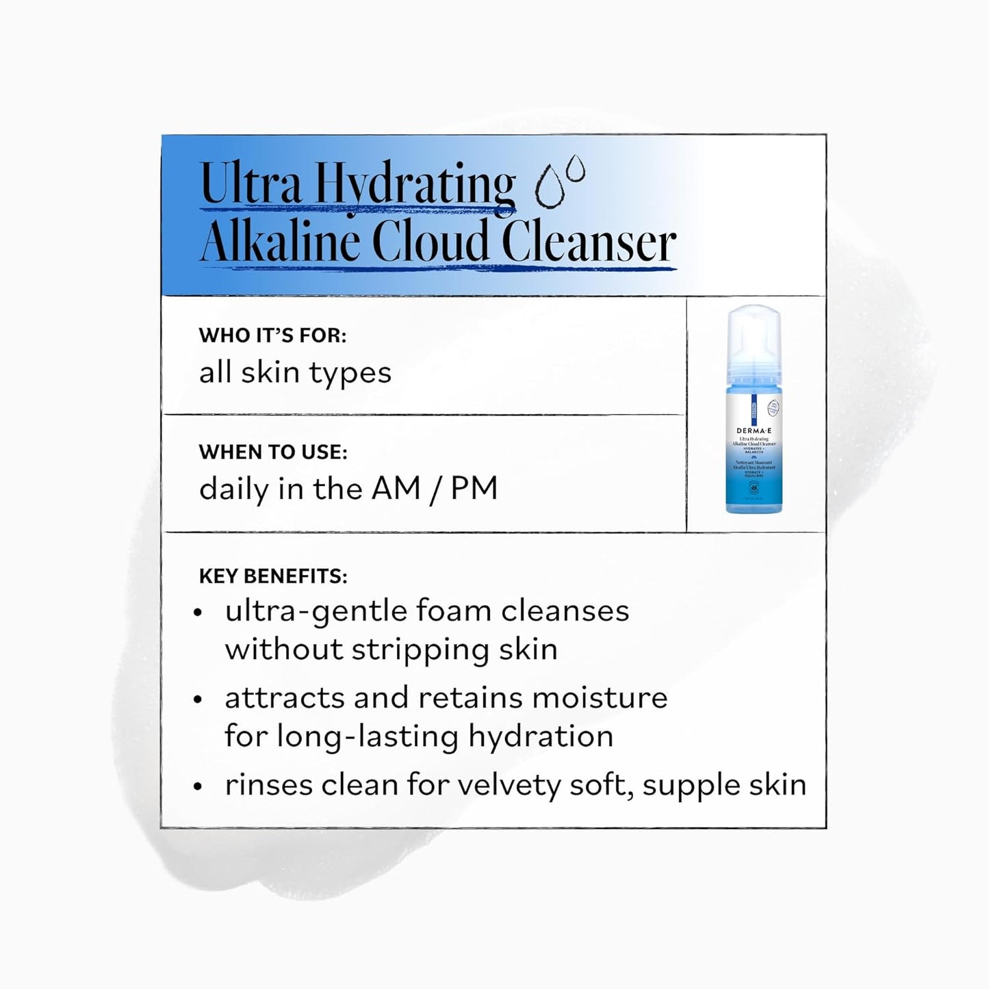 Derma E Ultra Hydrating Cloud Cleanser - Gentle Foaming Face Wash with Hyaluronic Acid | Vegan, 5.3 Oz
