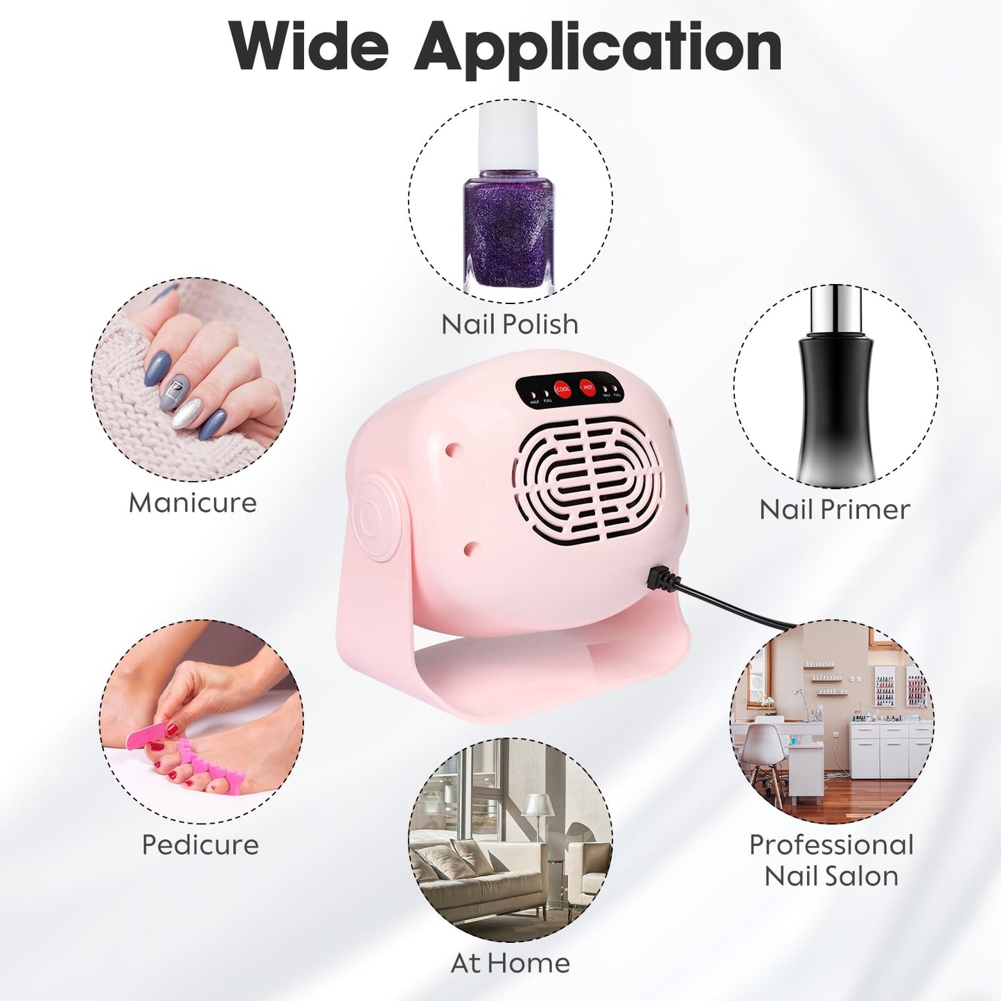 Rotatable Air Nail Dryer, 600W Warm & Cool Wind Blower Dryer for Regular Nail Polish, Multifunctional Nail Polish Fan Blow Dryer for Both Hands and Feet, Home and Salon Use No Harmful (Pink)