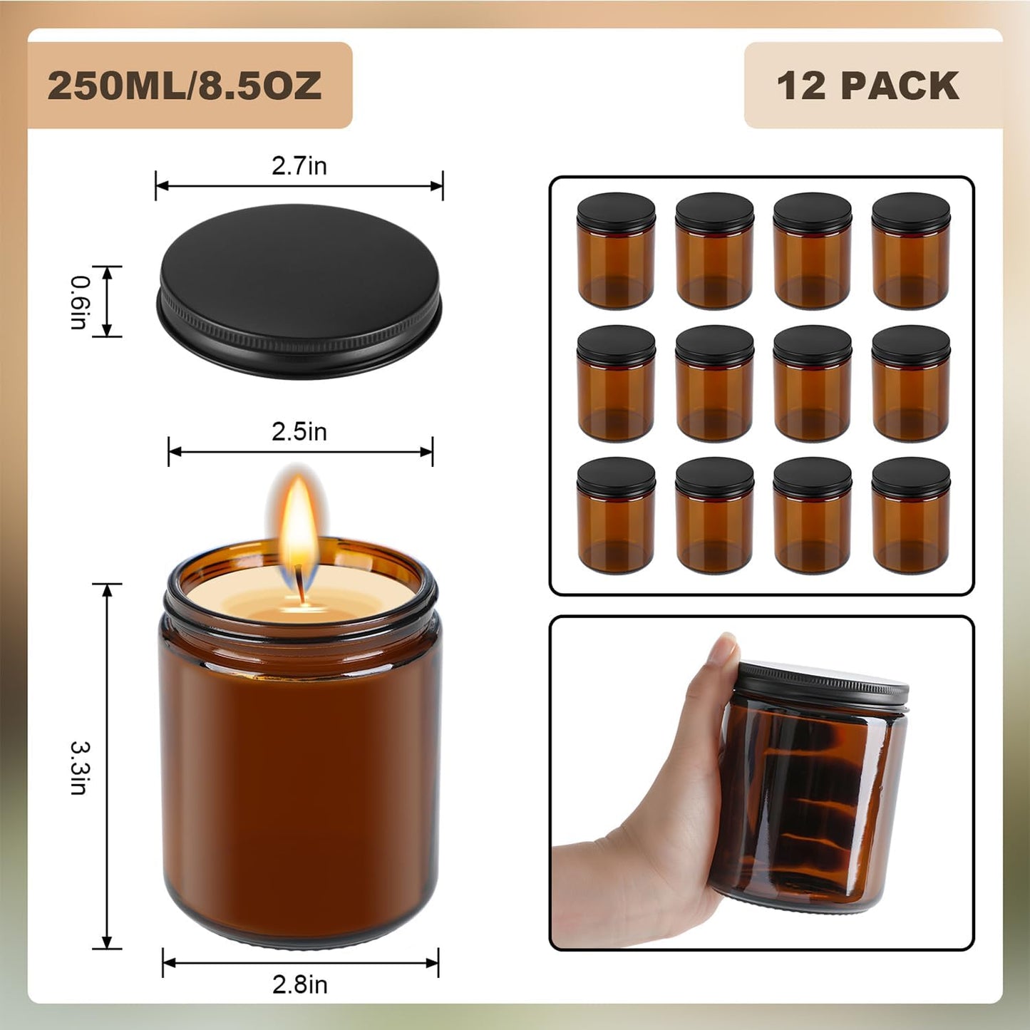 Amber Glass Jars - 12 Pack 8 Oz Leakproof Storage Containers with Black Metal Lids | Perfect for Spices & Liquids