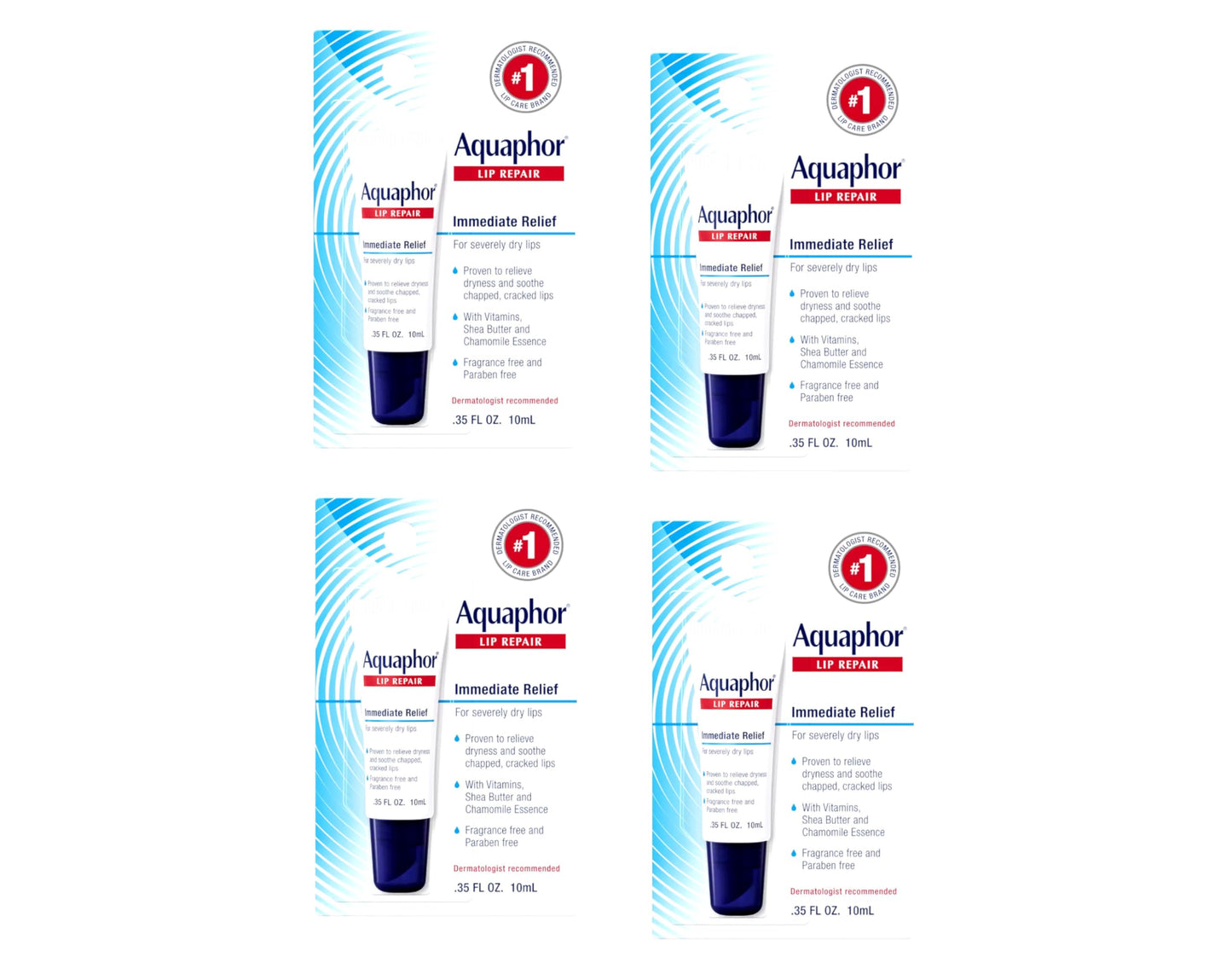 Aquaphor Lip Repair Ointment - Long-lasting Moisture to Soothe Dry Chapped Lips - .35 fl. oz Tube, 4 Pack