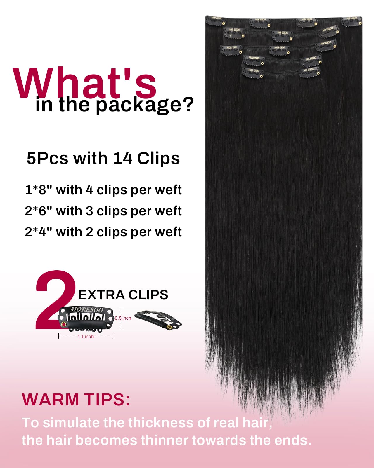 Moresoo Natural Black Clip in Hair Extensions Short Human Hair Clip in Extensions Black for Women Remy Hair Extensions Clip ins Short Double Weft 80g/5pcs 10 inch