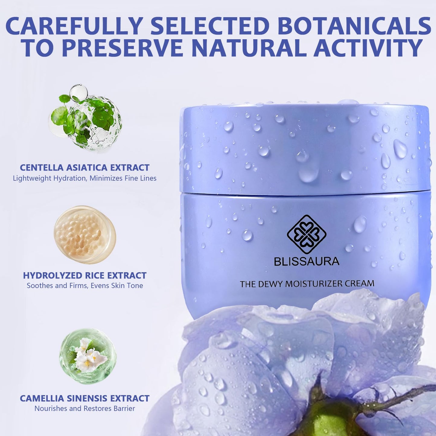BlissAura Dewy Skin Cream - Deep Hydrating Face Moisturizer with Hyaluronic Acid - Lightweight Glowing Facial Cream for Dry & Sensitive Skin - Perfect Makeup Primer for Glass Skin Finish - 1.7 oz