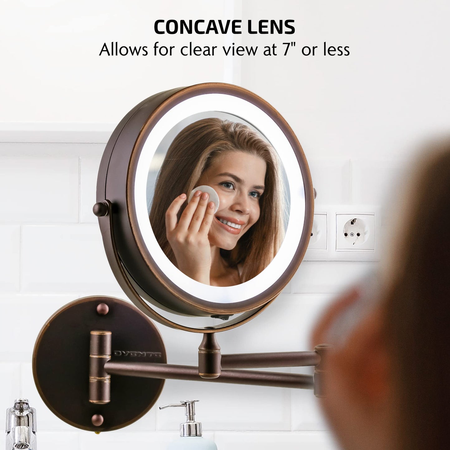 OVENTE Wall Mounted Lighted Makeup Mirror, 7" Double Sided 1X/7X Magnifying Vanity Mirror for Bathroom with LED Lights, Cordless, 360° Rotation and 13" Extendable Arm, Antique Bronze MFW70ABZ1X7X