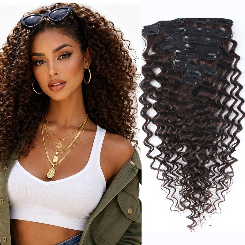 Clip in Hair Extensions Real Human Hair Deep Curly Dark Brown Clip in Extensions for Women Seamless Invisible Natural Remy 100% Human Clips ins Extension 8pcs Double Weft 18 inch 120g/4.2oz