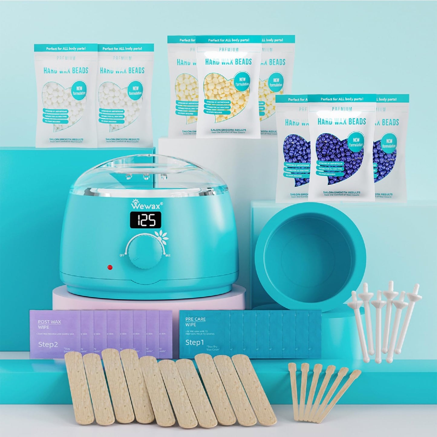 Digital Waxing Kit for Women & Men - 8 Packs Lavender & Milk Hard Wax Beans with Fast-Melting Silicone and Pre/Post Care Wipes - A