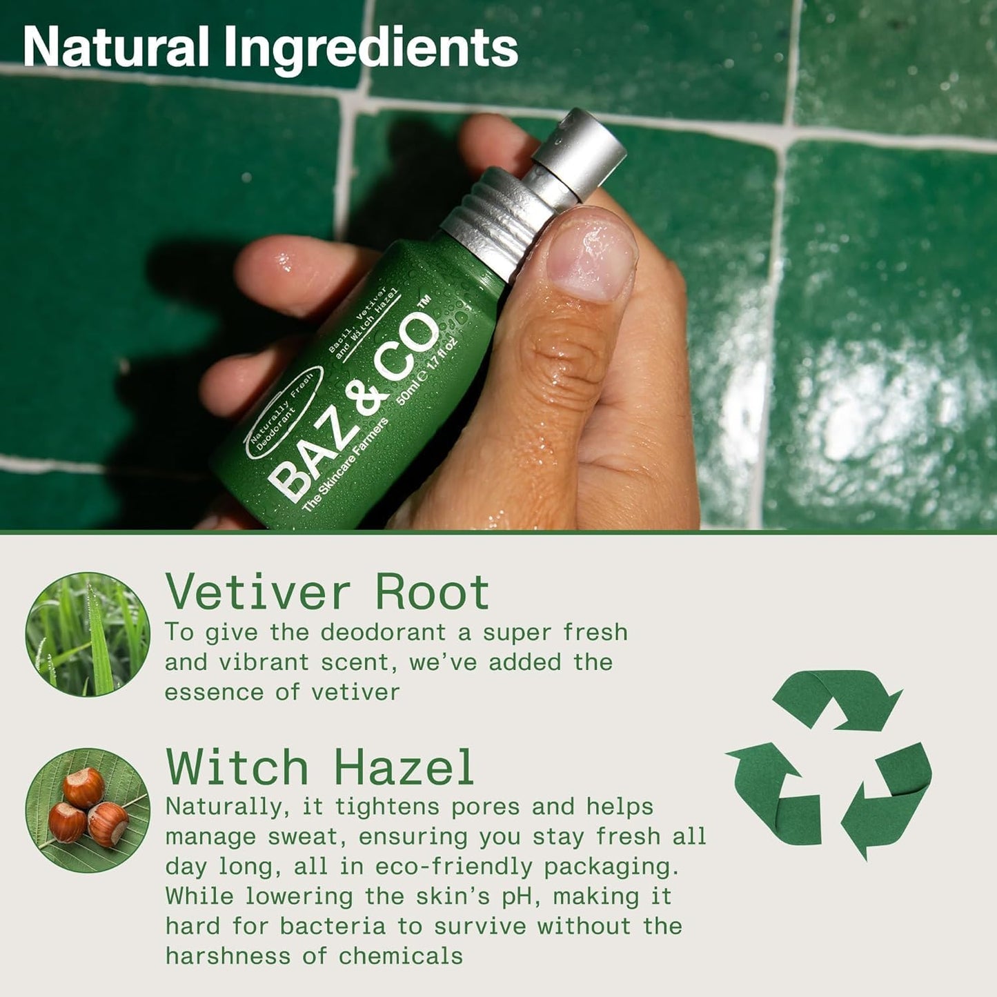 BAZ & CO Naturally Fresh Travel Size Deodorant Body Spray for Men | Aluminium Free Deodorant | Basil, Vetiver & Witch Hazel | 50ml