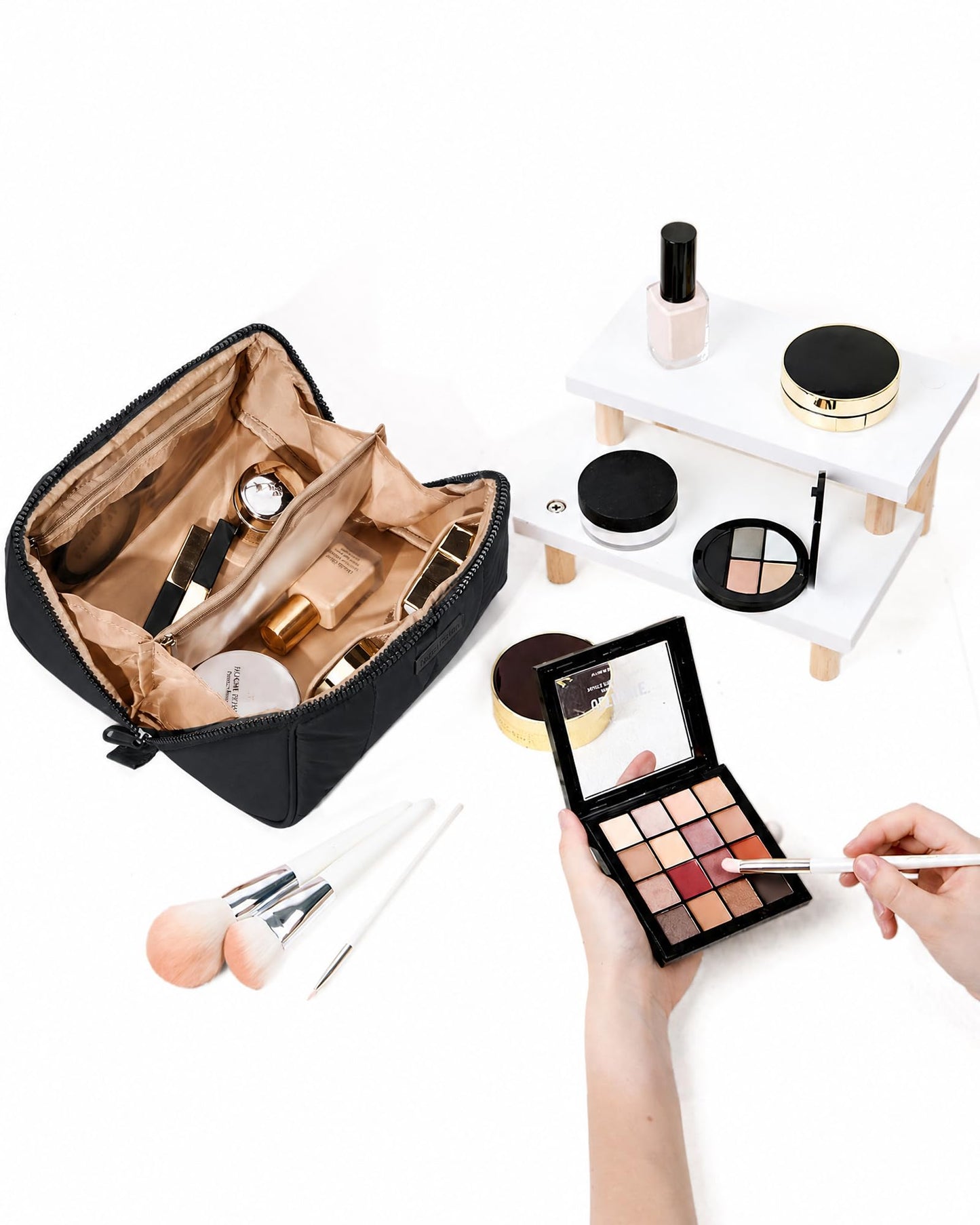 NISHEL Travel Makeup Bag for Women, Fluffy & Lightweight Open Flat Cosmetic Organizer with Multiple Functional Divider for Brush Independent Storage, Handle for Easy Portability, Black