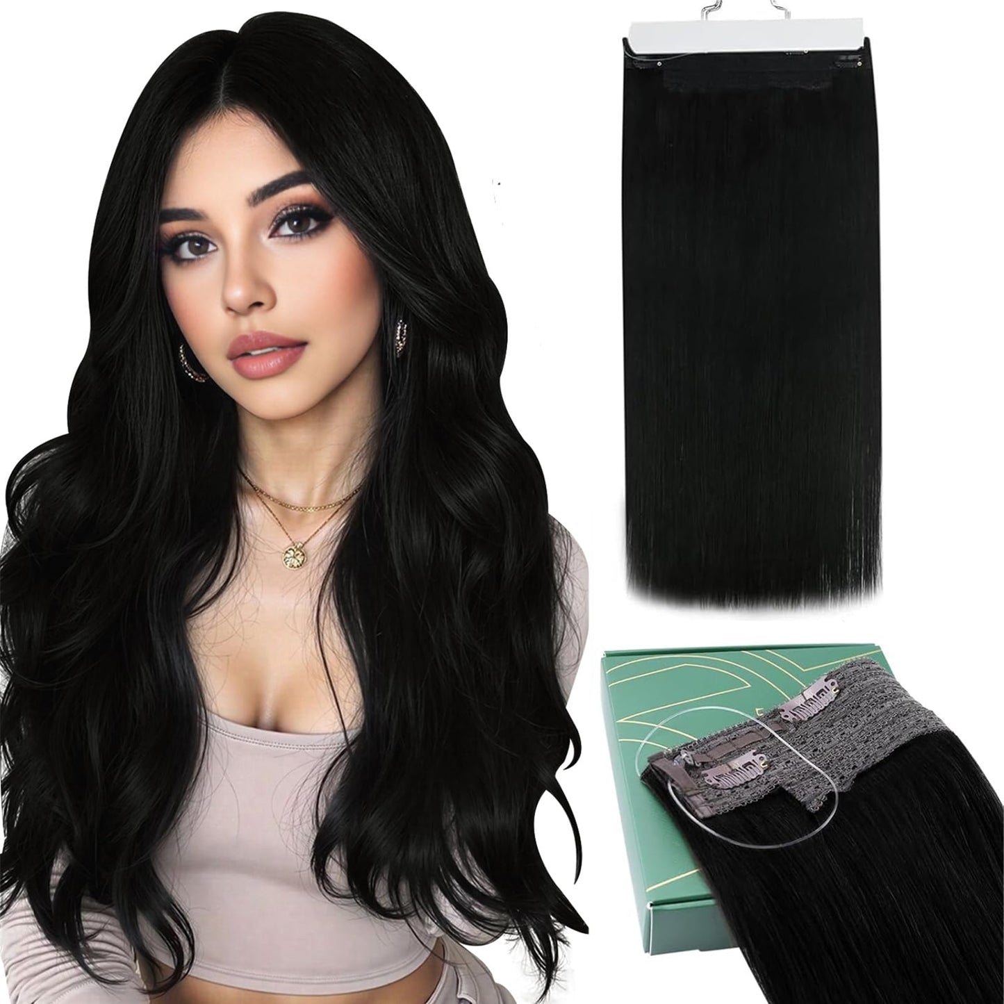 Ugeat Wire Hair Extensions Black Invisible Wire Hair Extensions Jet Black Wires Hair Extension Human Hair Ease Of Application 16 Inch 80g