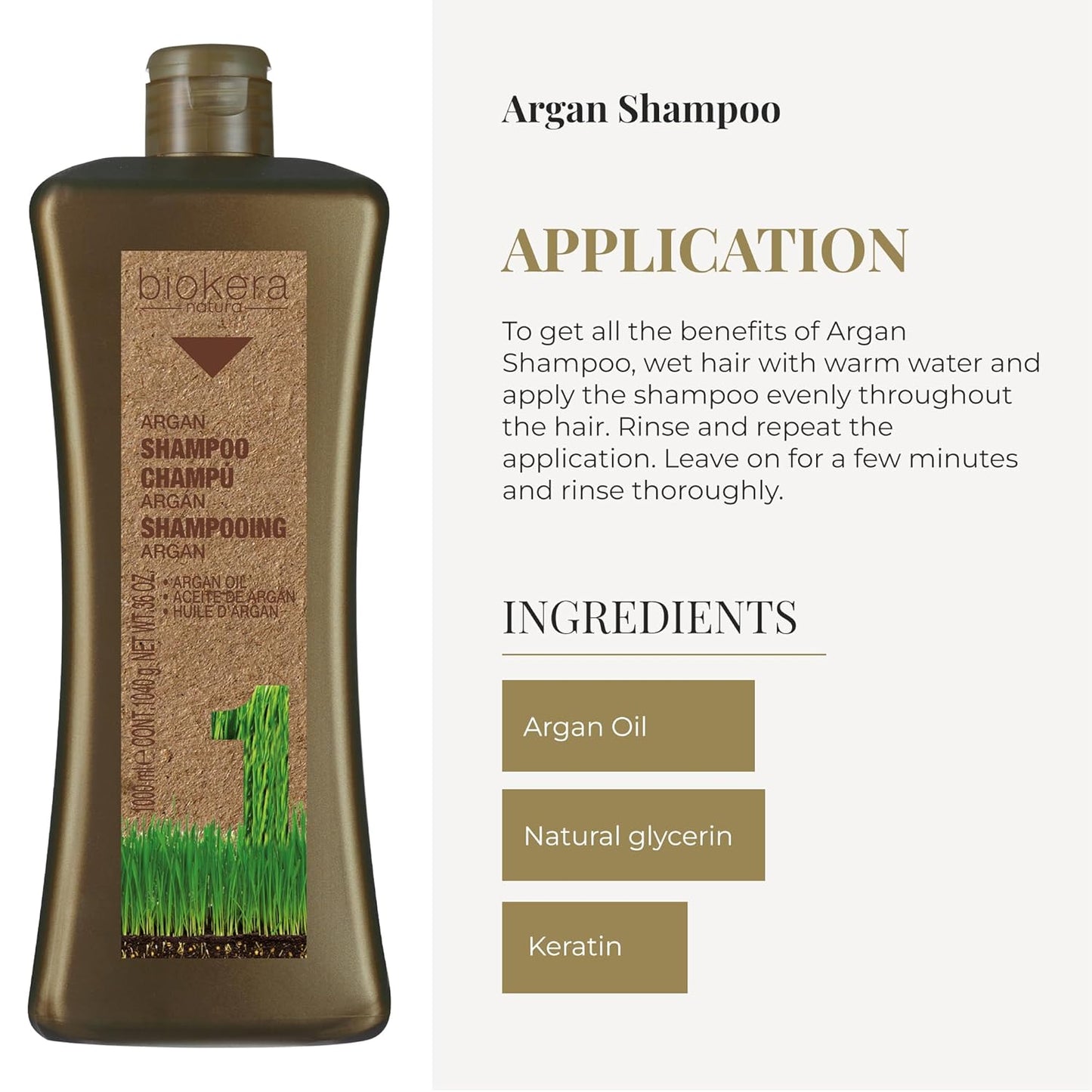 Salerm Argan Shampoo Biokera Natura - Deep Hydration for Damaged Hair - 1000ml | Argan & Cotton Oil