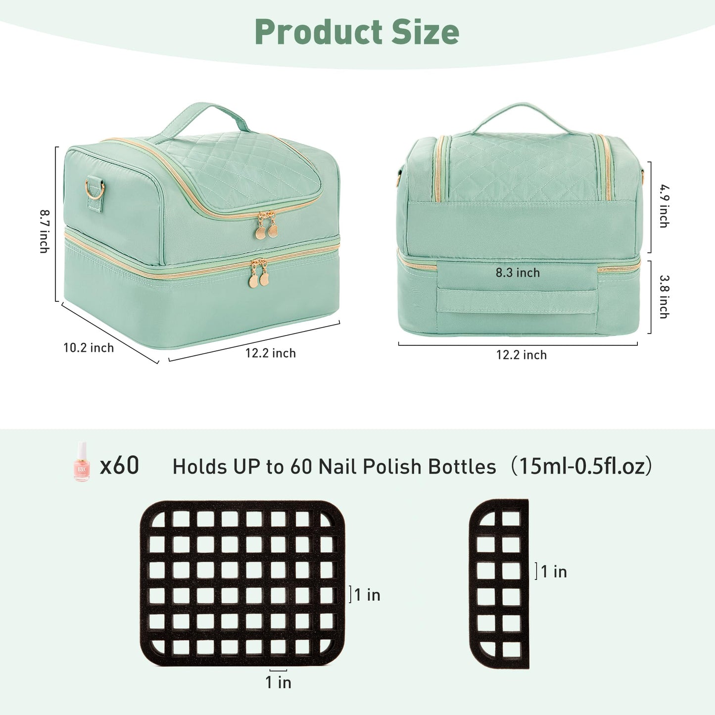 KGMCARE Nail Polish Organizer Bag, Nail Supplies Storage Holds 60 Bottles Nail Polish & Nail Lamp, Gel Nail Travel Carrying Case for Nail Kit Nail Tech (Green)