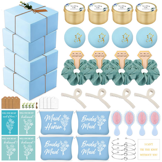 53pcs Bridesmaid Gifts Set of 4 Blue,Maid of Honor Proposal Gifts,Bridesmaid Proposal Boxes Set,Cosmetic Bag Scented Candle Salt Ball Scrunchies Hair Clip Knot Bracelet Bridal Party Bachelorette