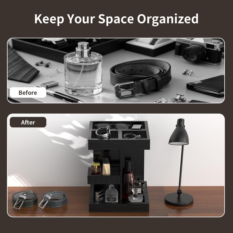 Cologne Organizer for Men with Metal Base, 360° Rotating Perfume Stand Heavy Duty, 3 Tier Wooden Cologne Shelf, Large Capacity Fragrance Display for Bathroom Dresser, Smooth Swivel Bearing (Black)