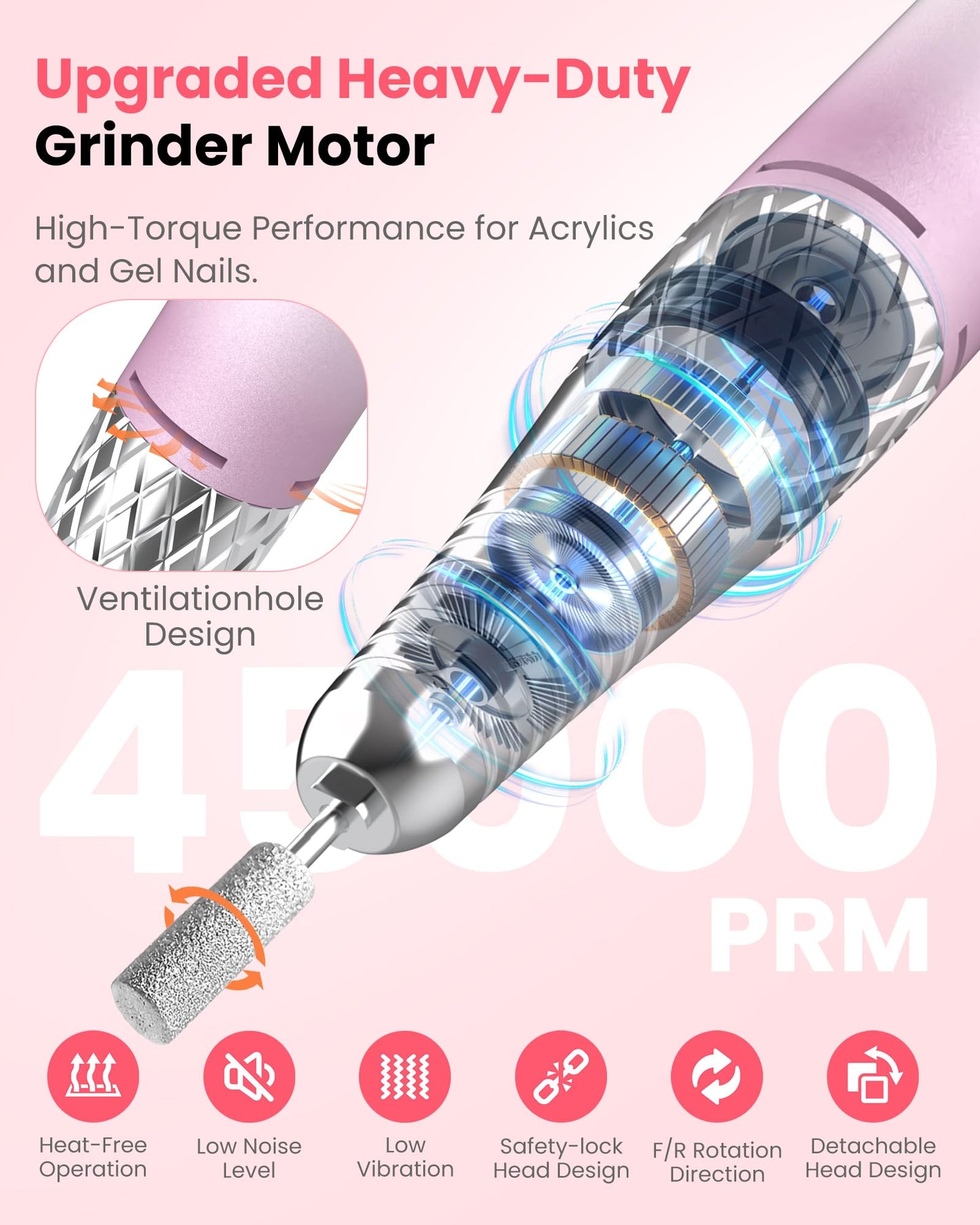 KISUFU Professional Nail Drill for Nail Technicians - 45000RPM Electric Nail File with 1800mAh Battery - Portable E-File with Digital Display and Belt Clip - Gradient Pink Manicure Set with 6 Bits.