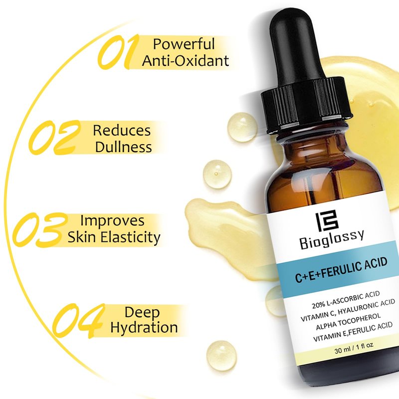 Bioglossy Vitamin CE Ferulic Acid Serum 20% Vitamin C Serum + Vitamin E & Hyaluronic Acid - Skin Moisturizer Face Dark Spot Corrector and Anti Aging 30ml / 1 fl.oz