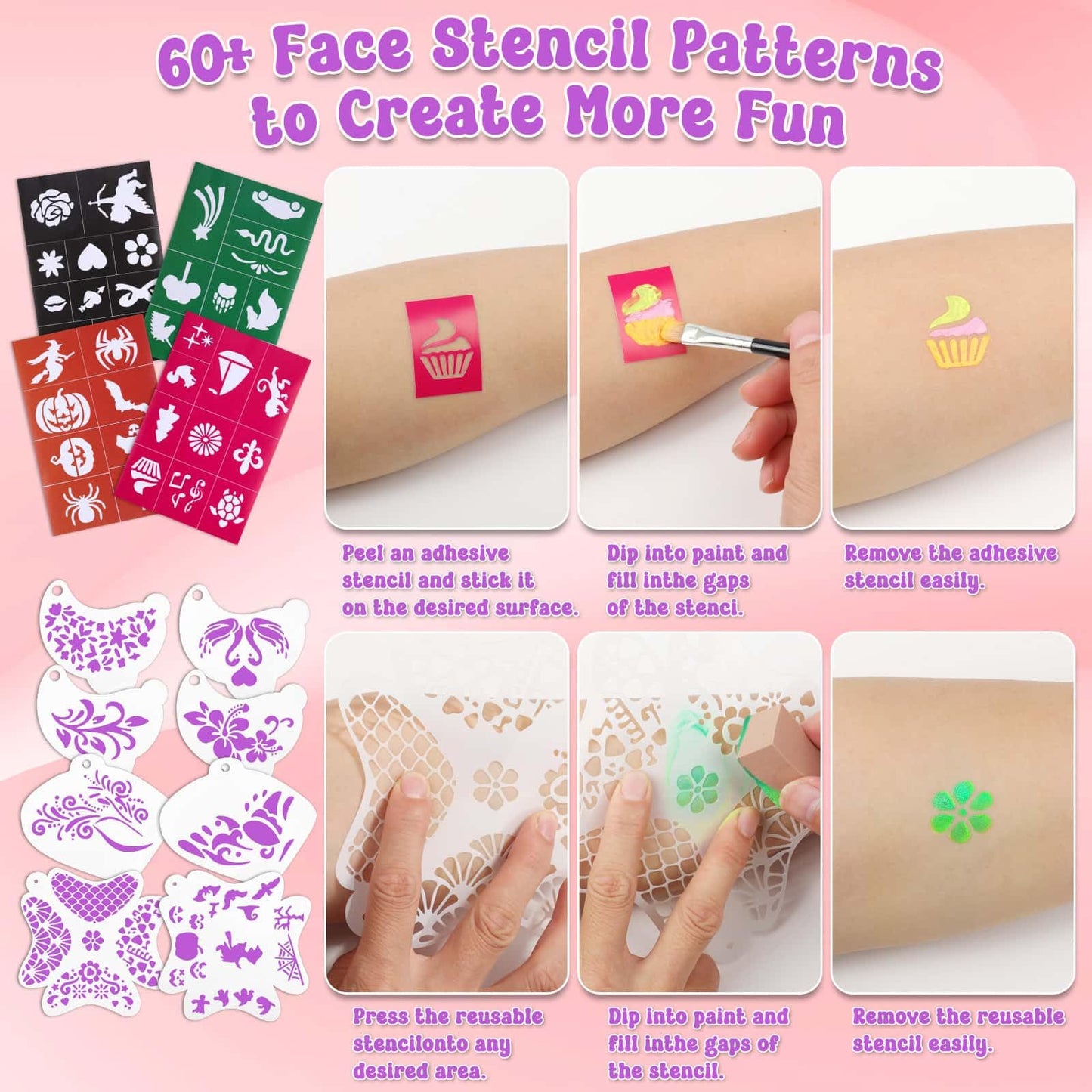 Face Painting Kit with Organizer Box - Rainbow Color Non Toxic & Washable Face Paint Set with Stencils, Brush & Gems Party Makeup for Halloween, Carnival & Costume