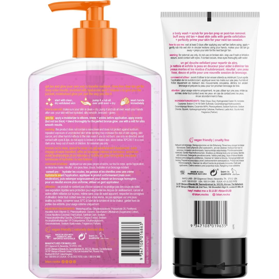 b.tan Best Clear Self Tanning Gel Kit | Glow Your Own Way Bundle - Ultra Dark, Quick Express Tanner for Face & Body with Applicator, No Transfer (Dark with Tan Eraser Scrub with Mitt)