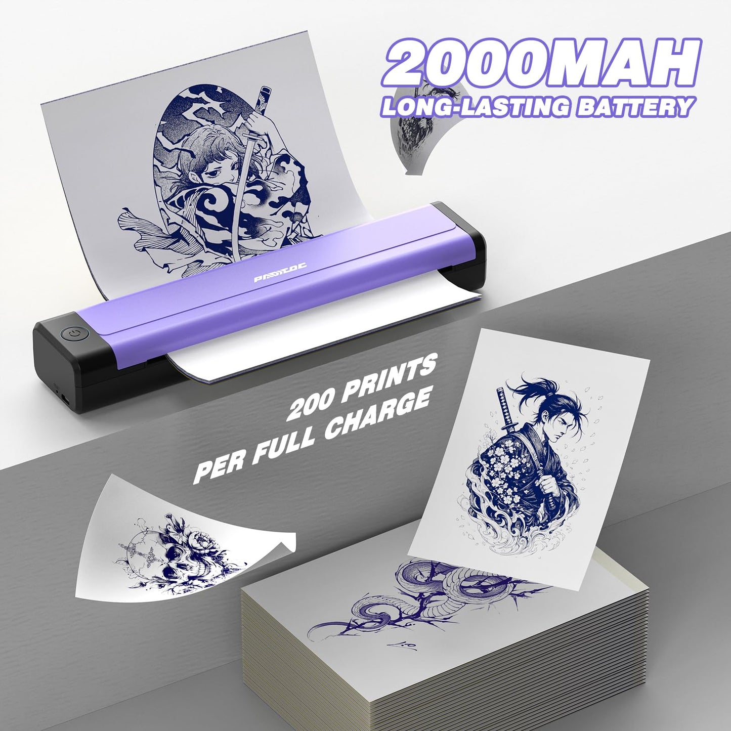 Padieoe Tattoo Stencil Printer with 10Pcs Transfer Paper - Bluetooth, Wireless, 2000mAh - Portable Thermal Printer Machine for Tattooist- 11.5x2.6x1.8in - Purple