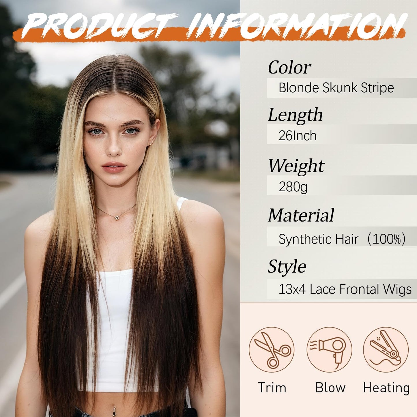 Worldnewhair Blonde to Brown Ombré Siamese Cat Style Synthetic Wig 26 Inch - 13x4 HD Lace Front Wigs for Women, Pre Plucked Pre Cut Long Straight Heat Resistant Fiber Pre-styling Hair for Daily
