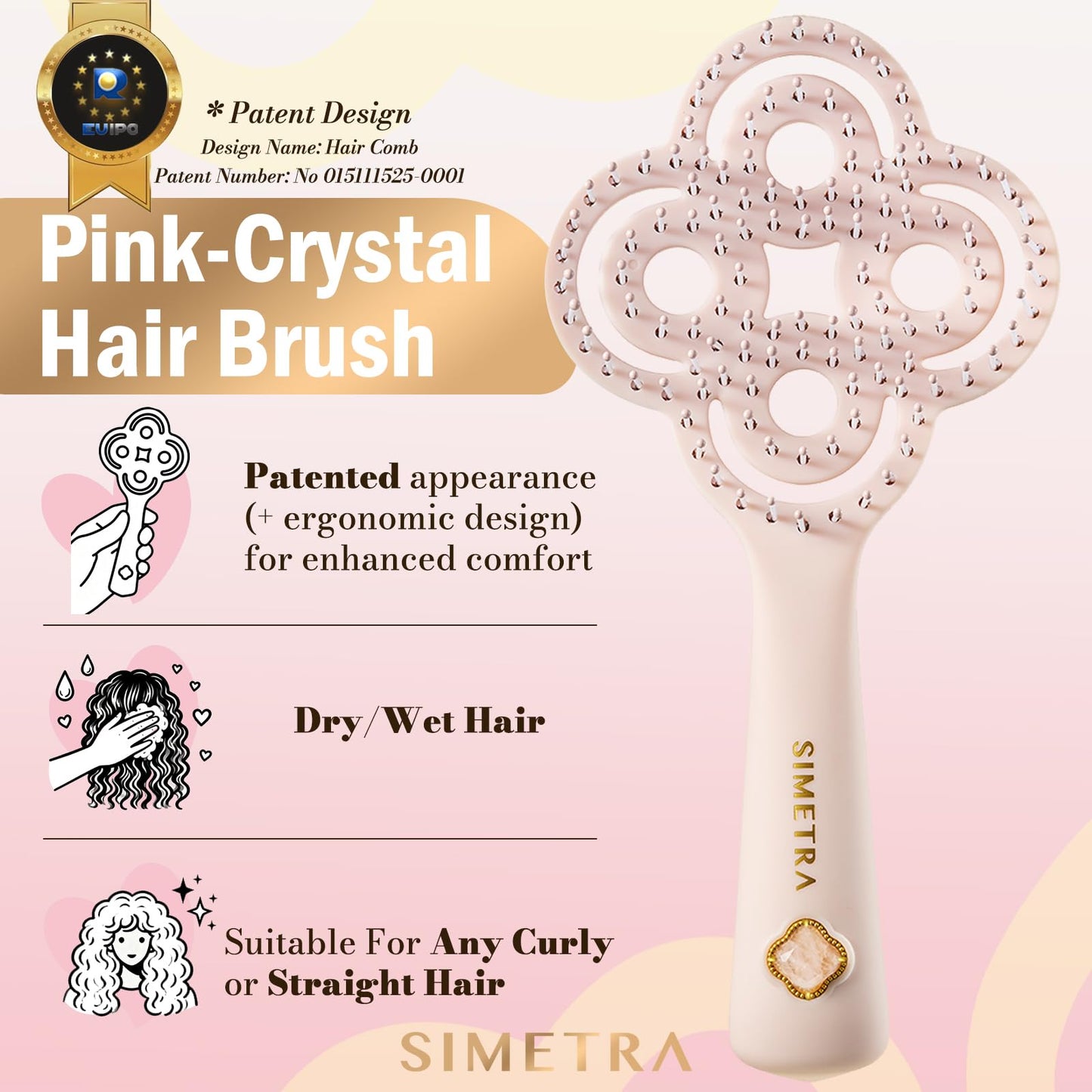 Simetra Detangler Hair Brush for Woman and Men, Original Detangling Brush for Curly Hair/Fine &Thick/Wet & Dry Hair, Flexible Bristles Hairbrush - Natural Crystal Inlay & 14K Gold Plating