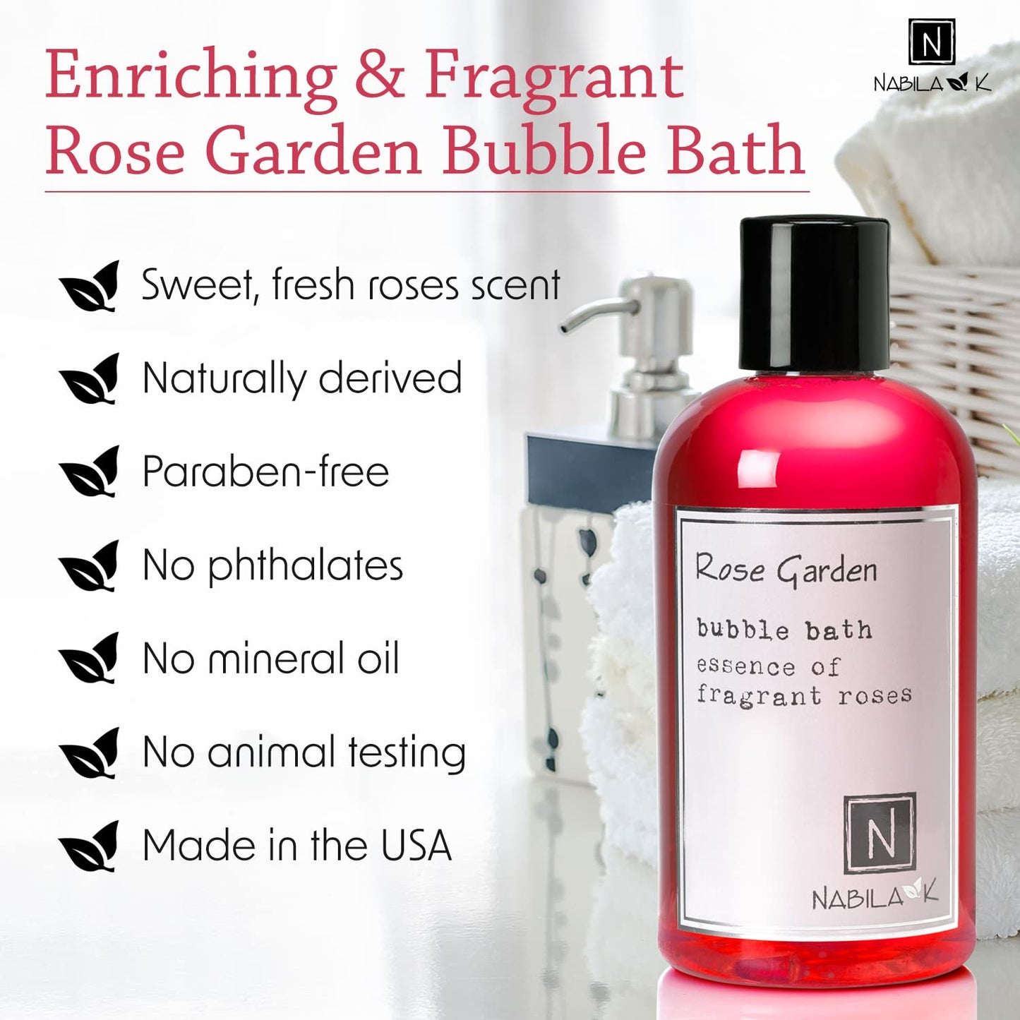 Nabila K Rose Garden Bubble Bath with Rose Essential Oils | Natural & Organic, Sulfate-Free, Tear-Free | Luxury Aromatherapy Floral Bath Soak for Sensitive Skin | for Women & Men, 8 oz