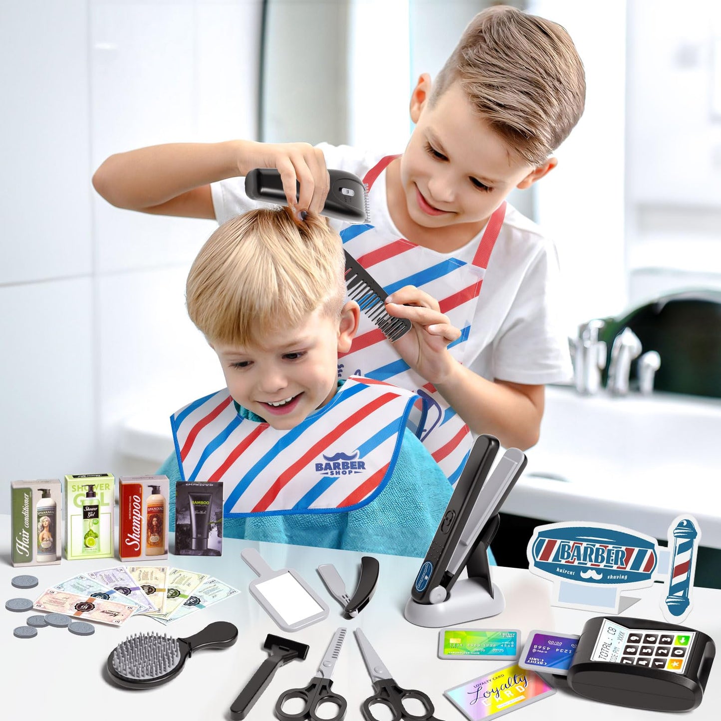 G.C 52Pcs Kids Hair Salon Toys Barber Kit Toddler Pretend Play Hair Cutting Boys Shaving Set with Hairdryer Shaver Razor Flat Iron Clipper Apron Scissors Styling Accessories Birthday Gifts