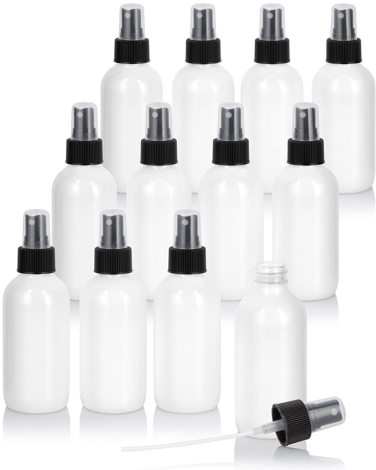 JUVITUS (12 pack) 4 oz High Shine Gloss White Glass Boston Round Bottle with Black Fine Mist Spray