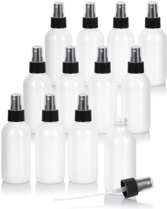 JUVITUS (12 pack) 4 oz High Shine Gloss White Glass Boston Round Bottle with Black Fine Mist Spray
