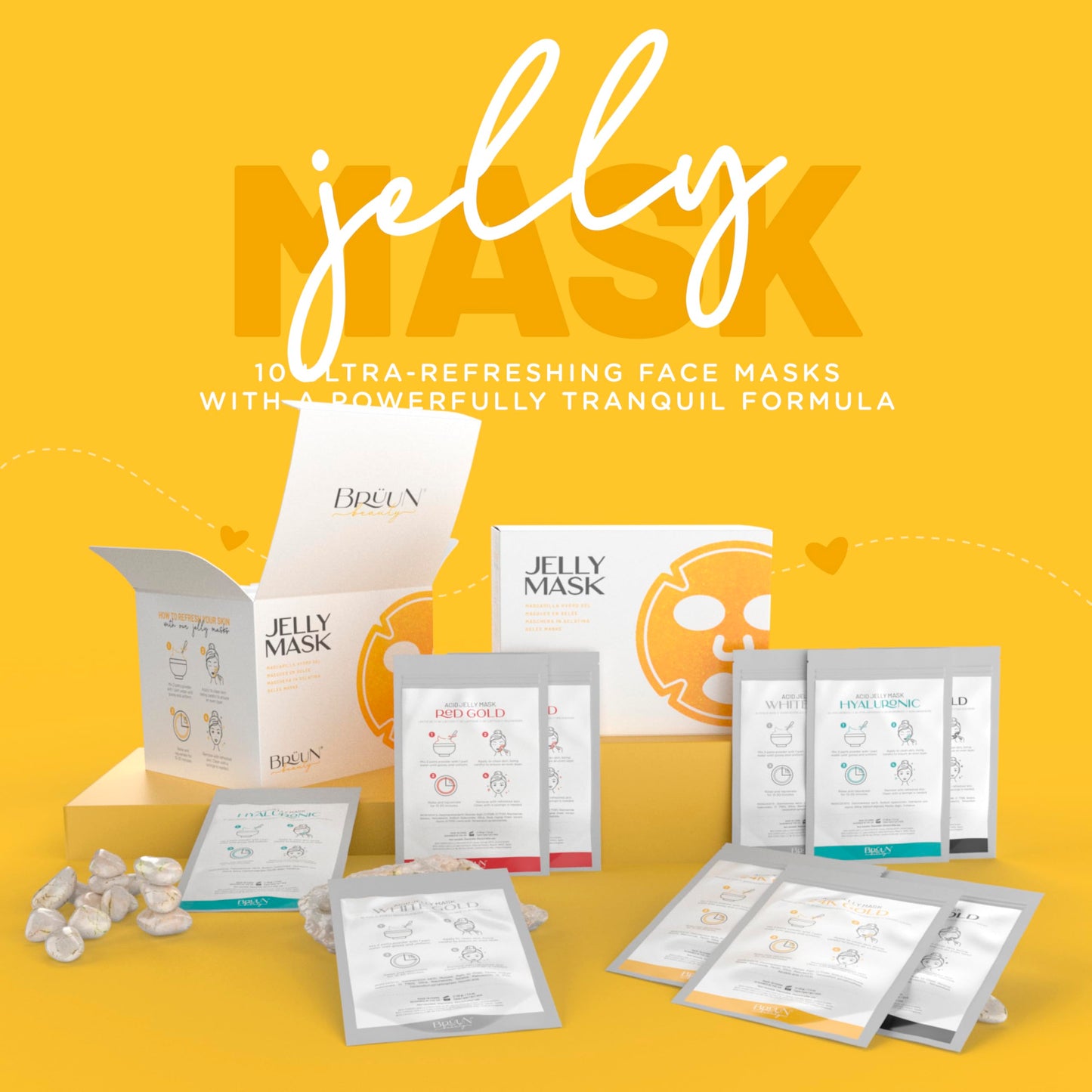 BRÜUN Peel-Off Jelly Mask Rubber Mask - 5 Treatments BHA AHA (Black Gold Salicylic AC, Red Gold Lactic AC, White Gold Glycolic AC, 24k Gold Mandelic AC, Hyaluronic AC) - 2 Packs of Each