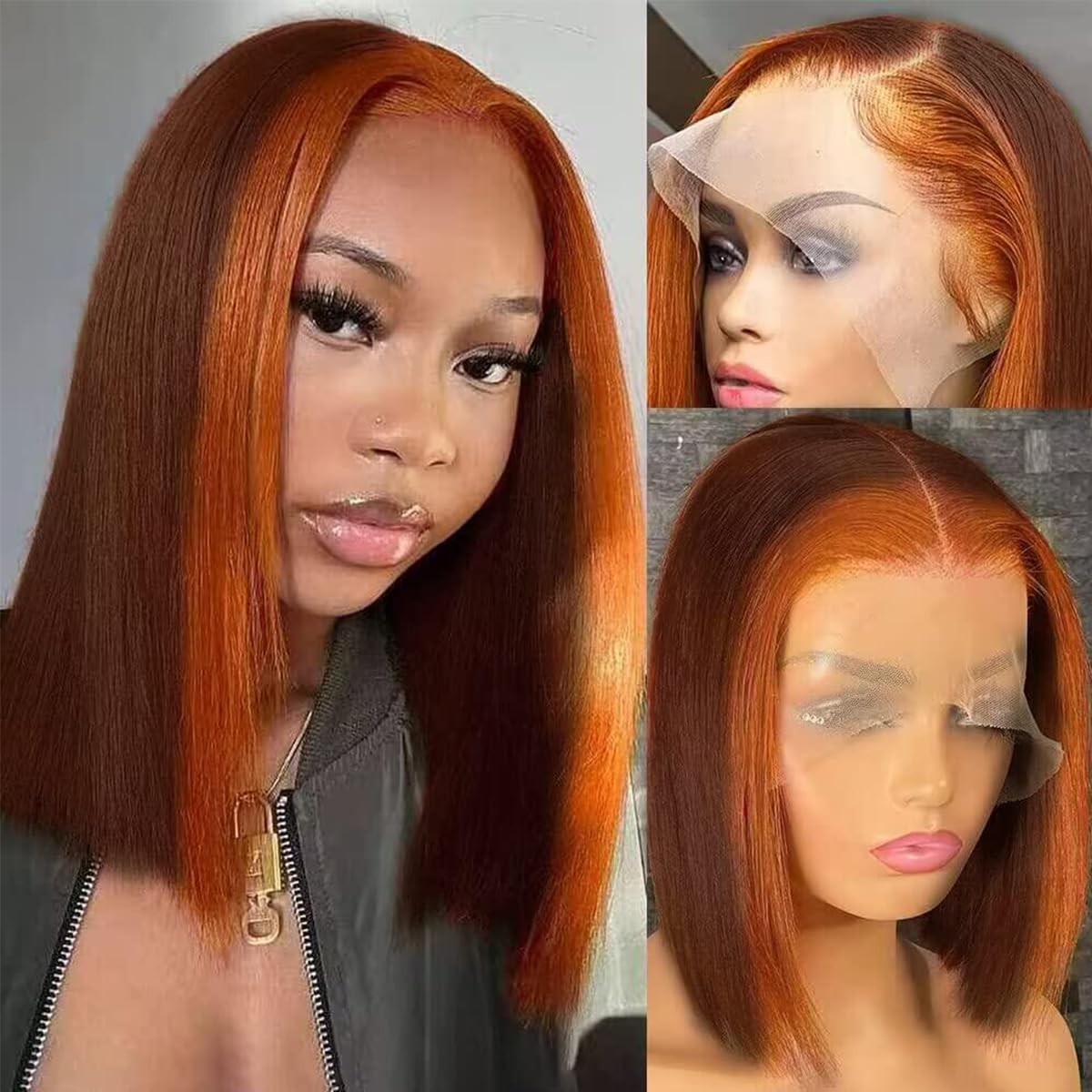 Goldfinch Ginger Orange Highlight Skunk Stripe Short Bob Wigs Human Hair Chocolate Brown Straight Bob Wigs Ombre 13x4 HD Lace Frontal Wigs Brazilian Virgin 150% Density Pre Plucked 8 Inch