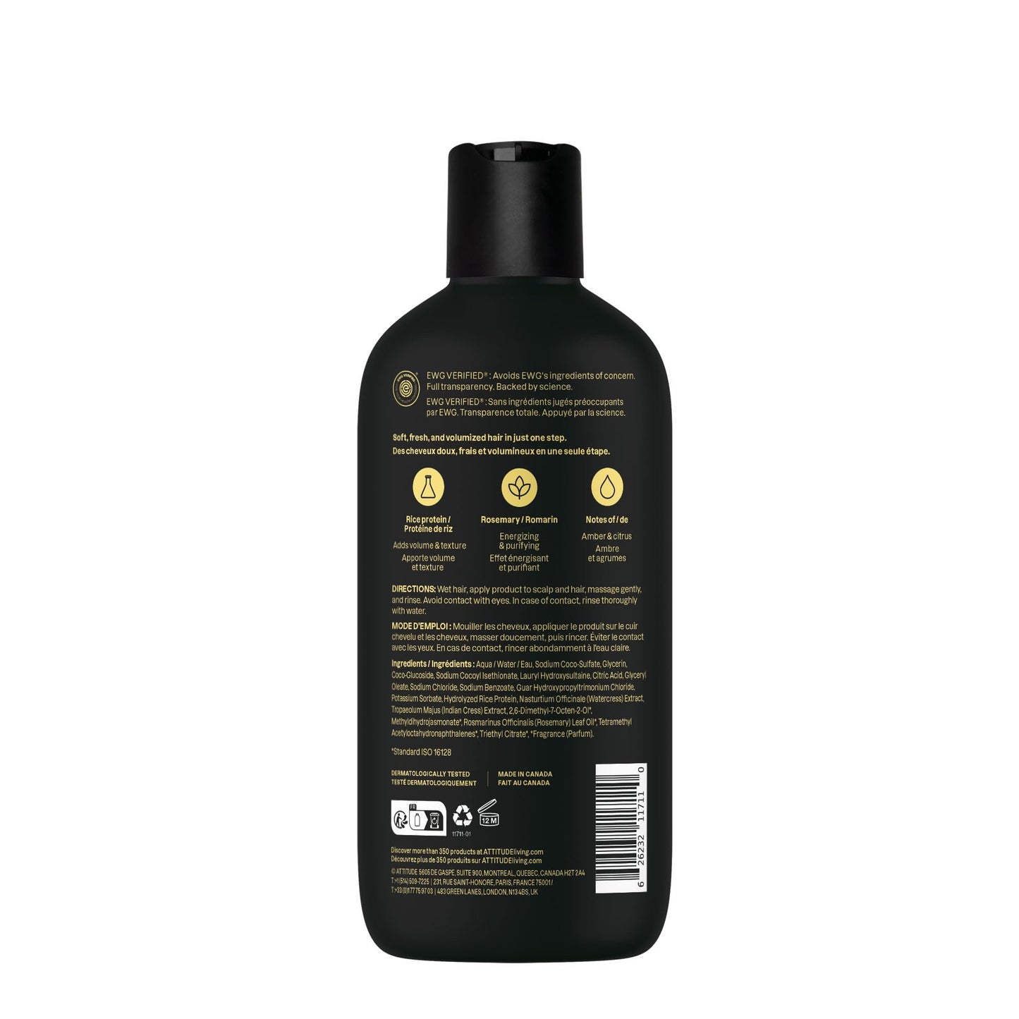 ATTITUDE Men's Shampoo and Conditioner 2-in-1, Volumizing for Thin Hair, With Rosemary and Rice Protein, 97% Natural Origin Ingredients, EWG Verified, Amber & Citrus, 14 Fl Oz