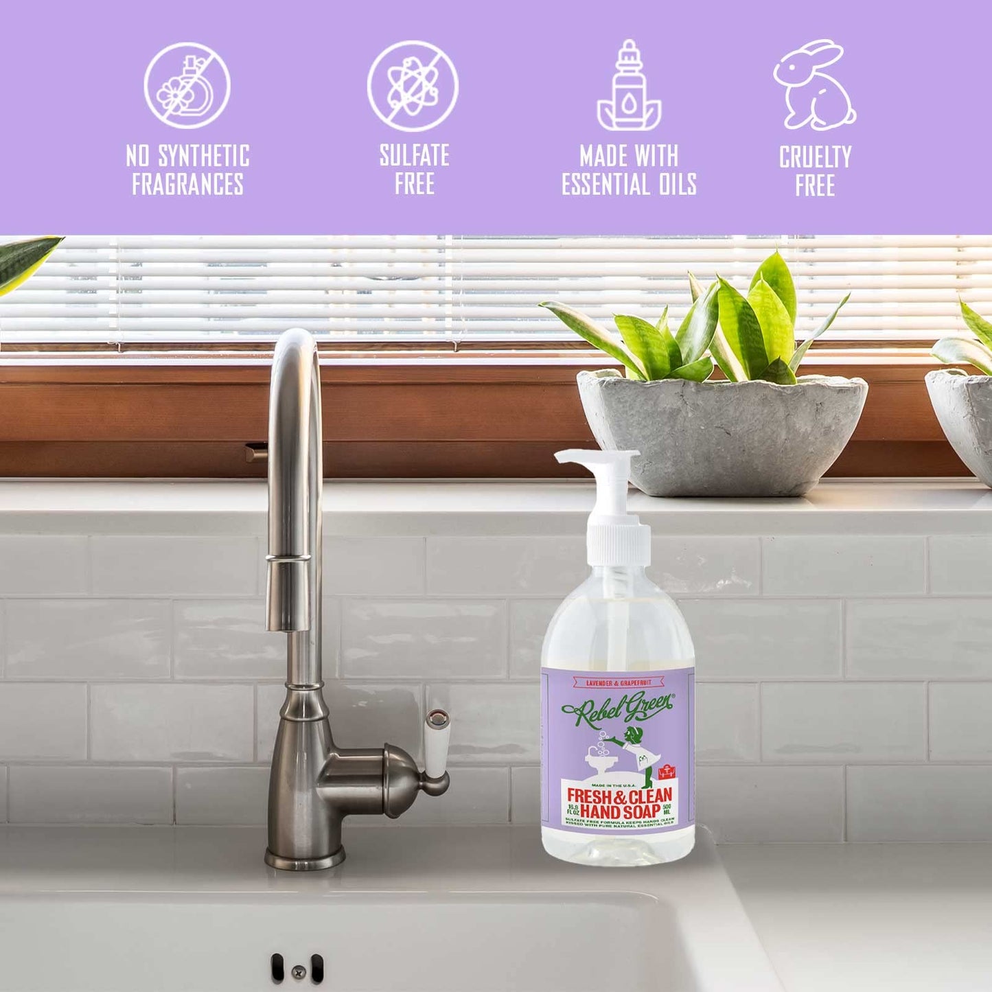 Rebel Green Liquid Hand Soap - Moisturizing Natural Bathroom & Kitchen Liquid Soap - Gentle Household Hand Wash (Lavender & Grapefruit, 16.90 Fl Oz (Pack of 4))