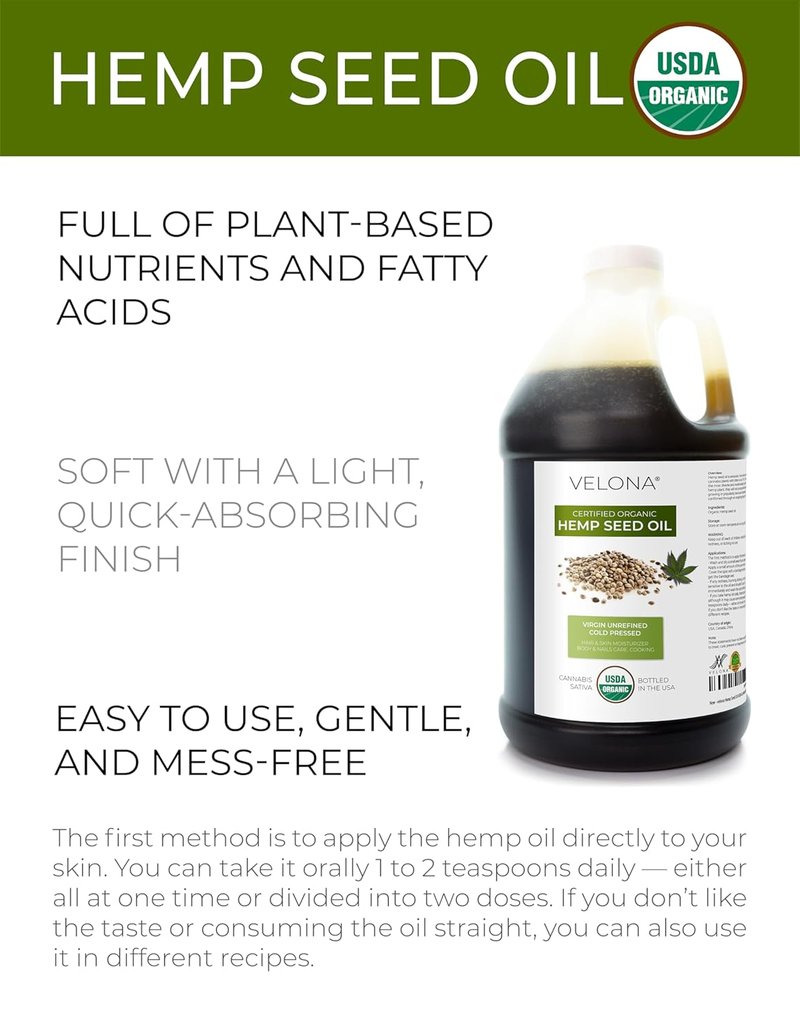 Hemp Seed Oil - USDA Certified Organic 64 Fl Oz | 100% Pure, Unrefined Carrier Oil for Hair, Body & Skin Care