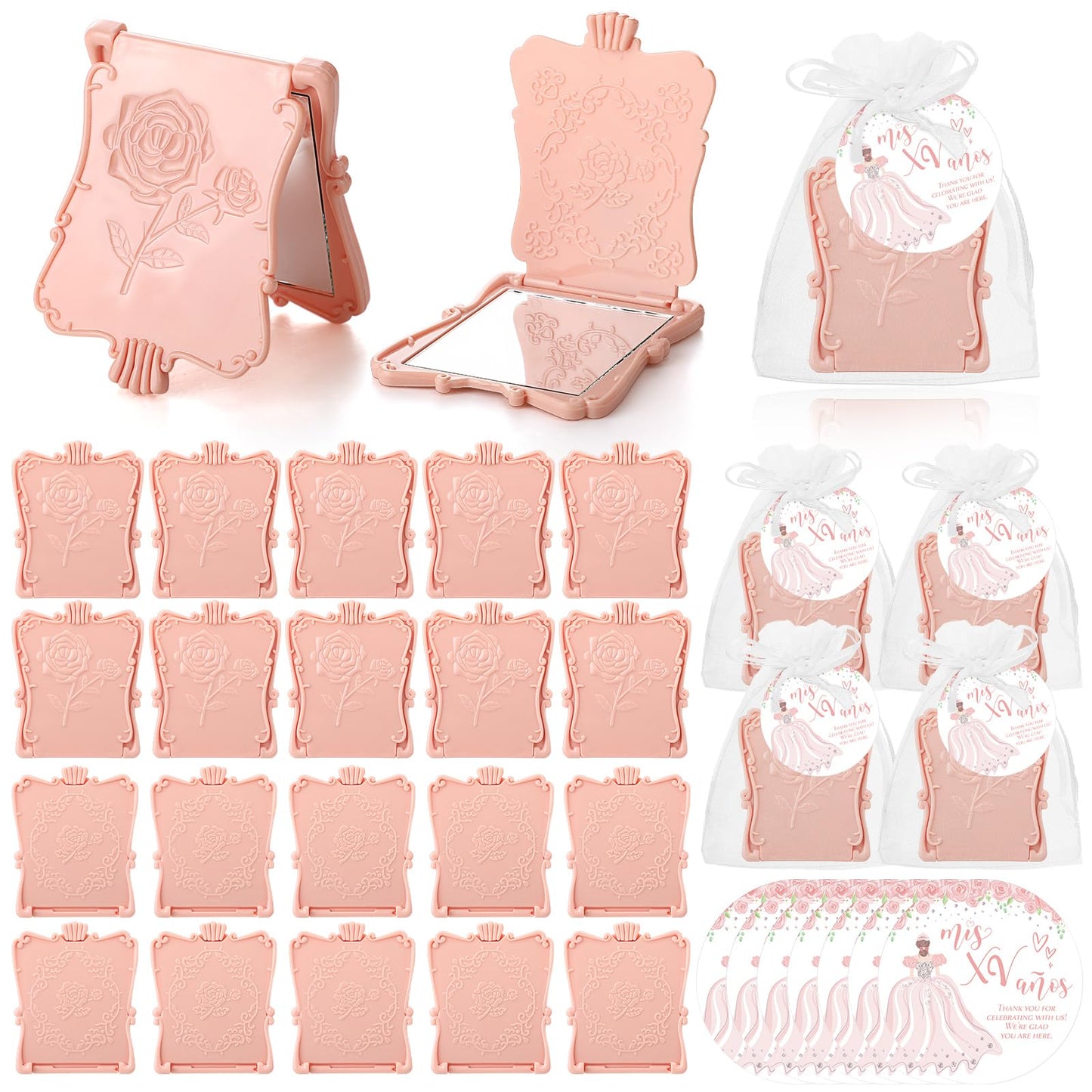 Wenqik 50 Set Quinceanera Party Favors for Guests Include Rose Compact Mirror Quinceanera Card and Organza Bag Mis Xv Sweet 15th Birthday Party Favors (Champagne)