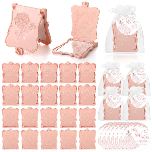 Wenqik 50 Set Quinceanera Party Favors for Guests Include Rose Compact Mirror Quinceanera Card and Organza Bag Mis Xv Sweet 15th Birthday Party Favors (Champagne)