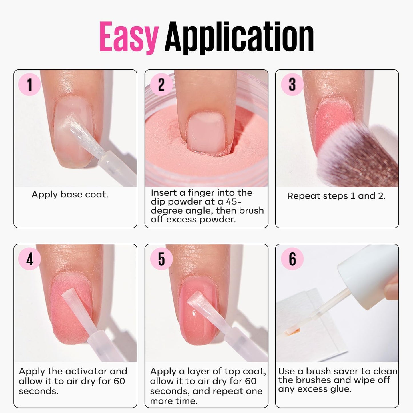 MEFA Dip Powder Liquid Set Base, Top Coat, Activator, Brush Saver 15 ml 0.5 Oz 4 Pcs with 5 Replacement Liquid Brushes for Dipping Powder Nail Kit No Nail Lamp Needed