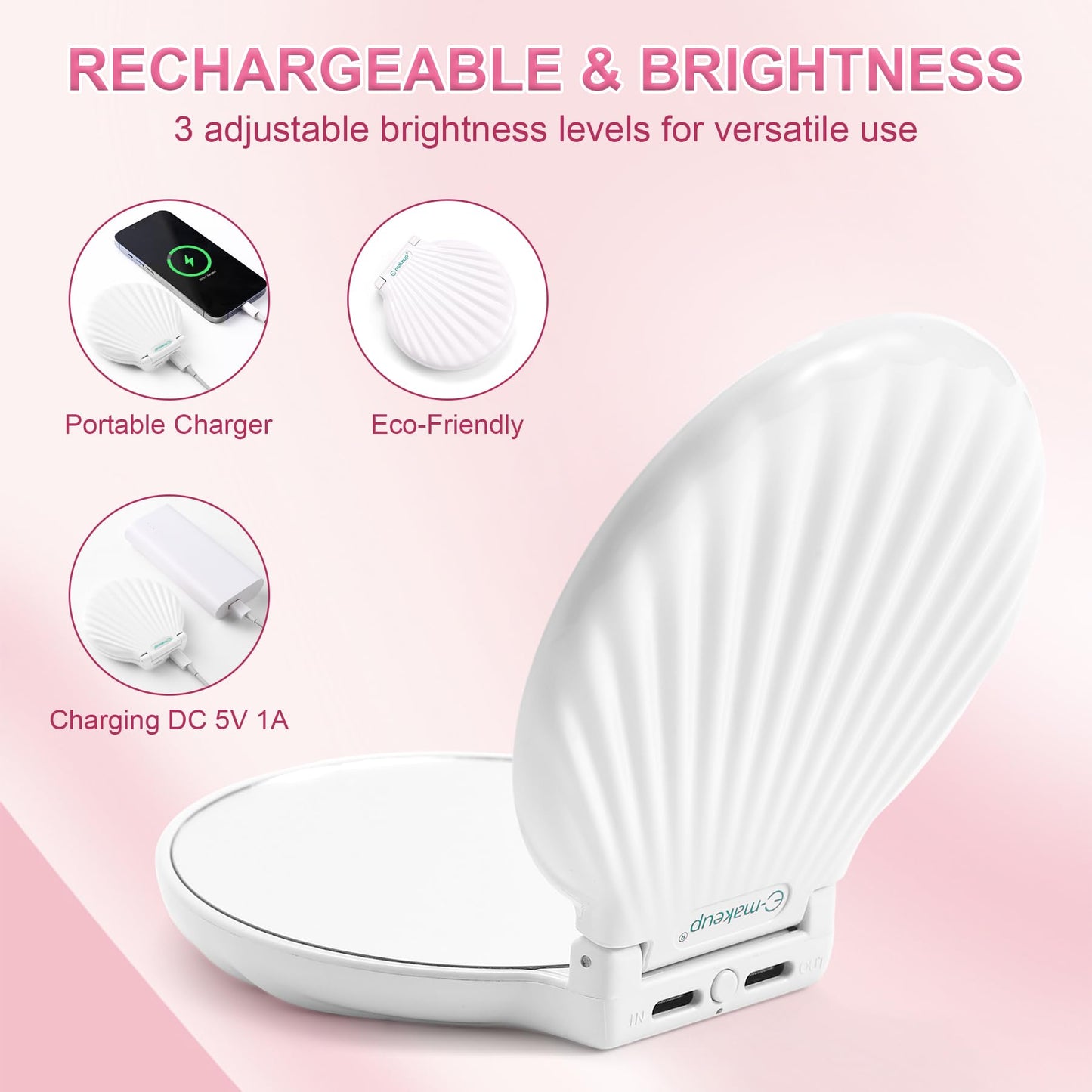 Compact Makeup Mirror with Lights Travel Mirror with Light Small Compact Mirror 2x/10x Magnification & LED Lighted,Rechargeable Compact Mirror Portable Adjustable Pocket, White
