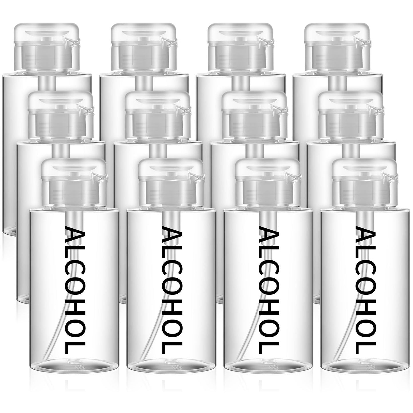 Layhit 12 Pcs 10 oz Alcohol Pump Dispenser Bottles Alcohol Push Down Liquid Dispenser Empty Pumping Bottle Refillable Cosmetic Container for Personal, Salon, Nail Care (Clear Cap + Clear Bottle)