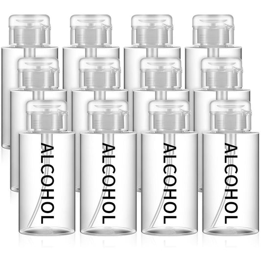 Layhit 12 Pcs 10 oz Alcohol Pump Dispenser Bottles Alcohol Push Down Liquid Dispenser Empty Pumping Bottle Refillable Cosmetic Container for Personal, Salon, Nail Care (Clear Cap + Clear Bottle)