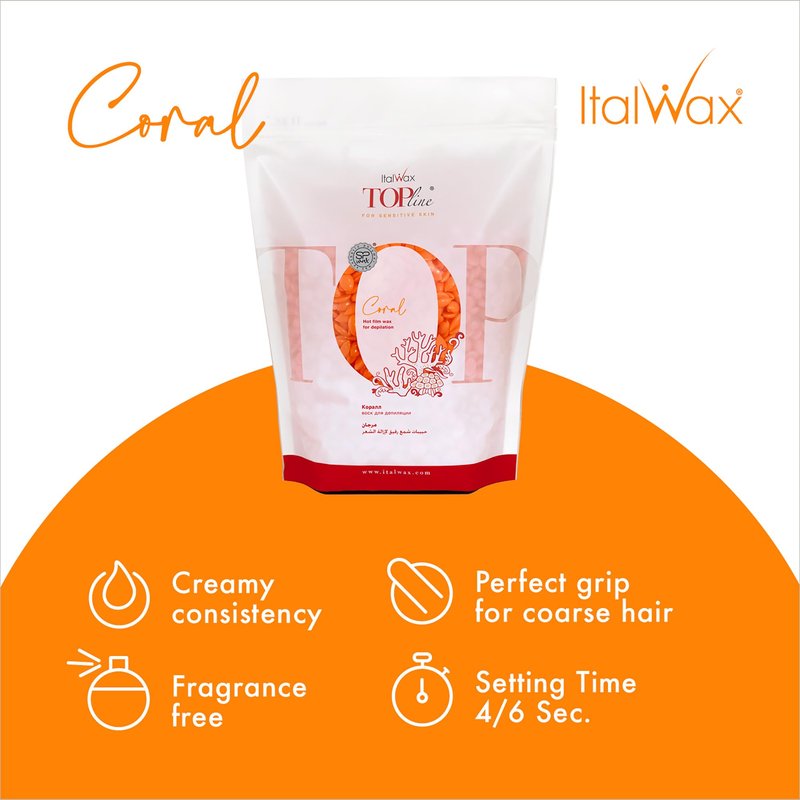 Italwax Top Line Coral Hard Wax Beads 1.65 lb (750 g) – Creamy Strong Grip Wax for Bikini & Coarse Hair, Suitable for Sensitive Skin, Professional Use – Made in Italy
