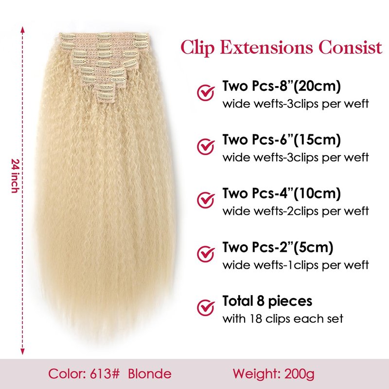 Kinky Straight Clip-In Hair Extensions - 24 Inch 200G 8PCS | 100% Pure Protein Fiber, Blonde Yaki Style