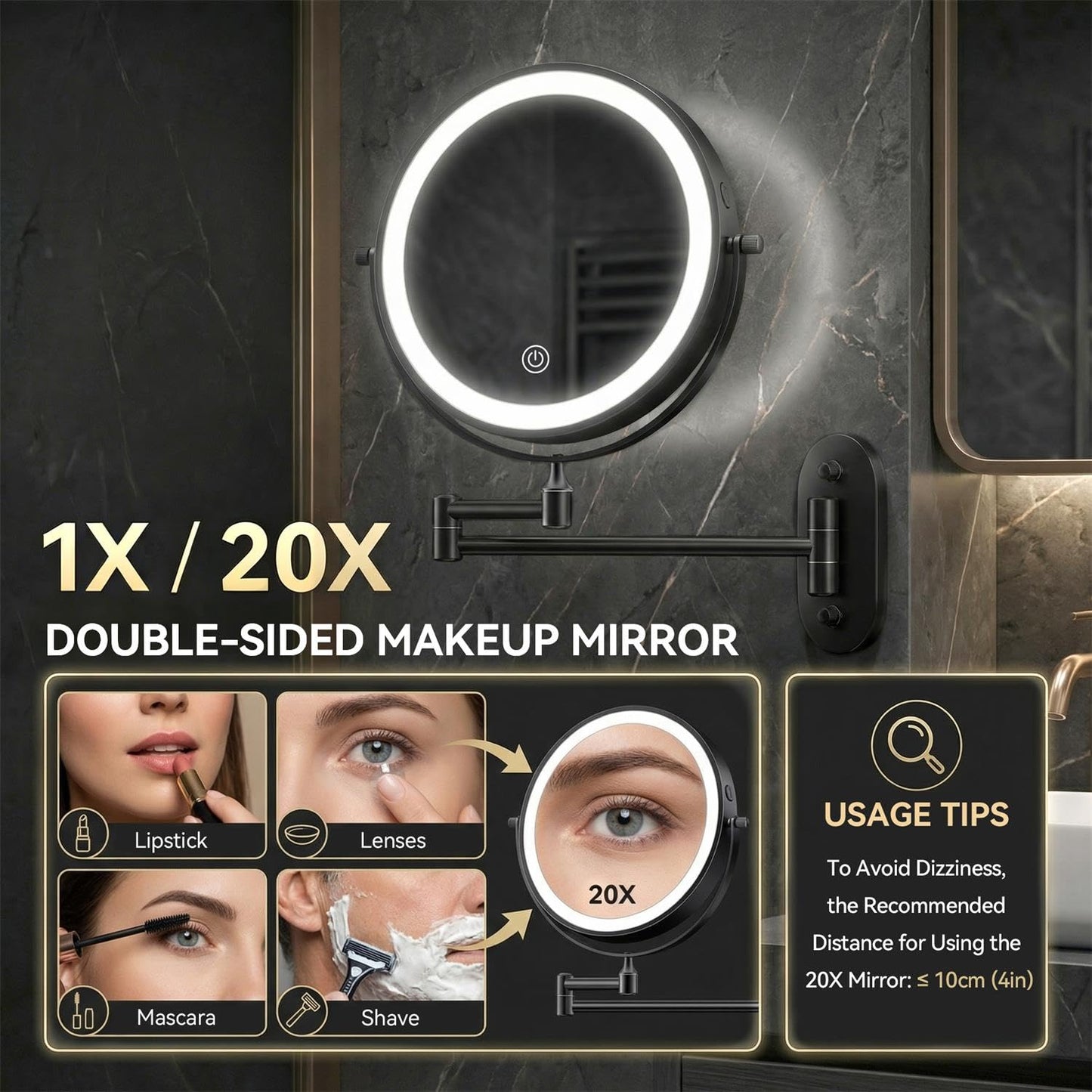 Auxmir 8'' Wall Mounted Makeup Mirror，1X/20X Rechargeable Magnifying Mirror